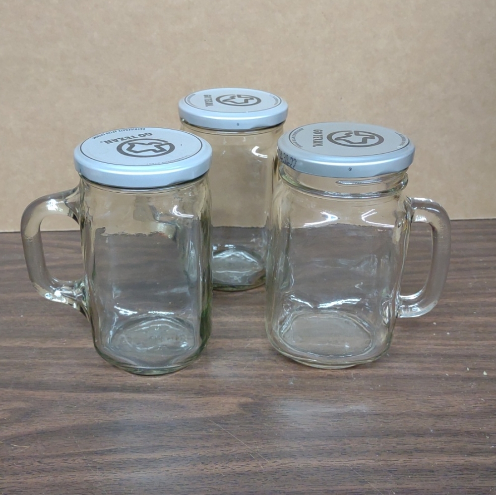 Lot of 3 Glass Mason Handle Jar Type  Mug with Lid by Blackburn Syrup Go Texan